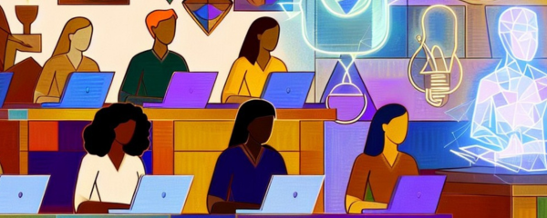 Students in a classroom using AI